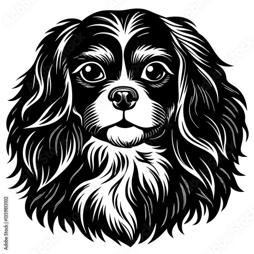 Cavalier King Charles Spaniel Portrait: A captivating, high-contrast black and white portrait captures the elegant charm of a Cavalier King Charles Spaniel, radiating with a soft.