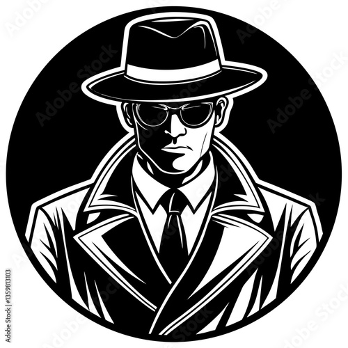 Mysterious Silhouette: A captivating monochromatic illustration of a mysterious detective in a fedora and trench coat, radiating an air of intrigue and espionage.