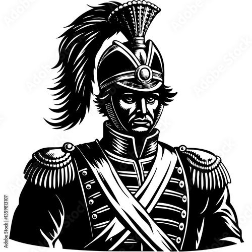 Illustration of a Historic Soldier: An artful black and white illustration of a historic soldier, dressed in an elaborate uniform and distinctive headwear, epitomizing strength.