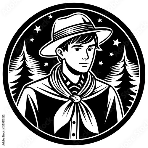 Vintage Boy Scout: A vintage illustration depicts a boy scout, in a black and white circular design, with a hat, scarf, surrounded by trees and stars.