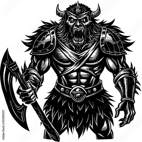 Fierce Warrior's Fury: A formidable warrior, etched in stark detail, embodies the raw power and primal rage. Brandishing a battle axe, the muscular figure commands respect.
