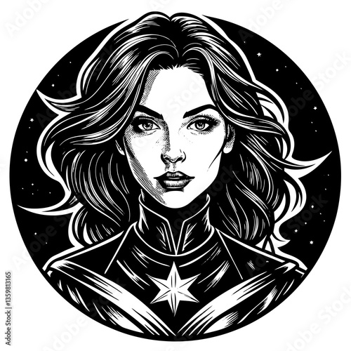 Captivating Heroine: A stylized drawing of a captivating heroine exuding determination and grace with flowing hair and striking costume set against a starry backdrop.
