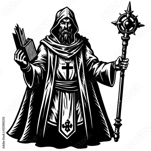Mystic Priest Engrossed in ancient knowledge: A mysterious priest is shown, shrouded in mystery, adorned with a cross and holding a sacred book and an ornate staff in a photorealistic image.