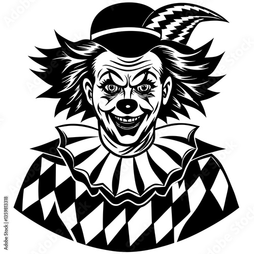 Sinister Smile: A black-and-white illustration portrays a menacing clown, featuring a creepy grin, accentuated facial features, and a chilling presence.