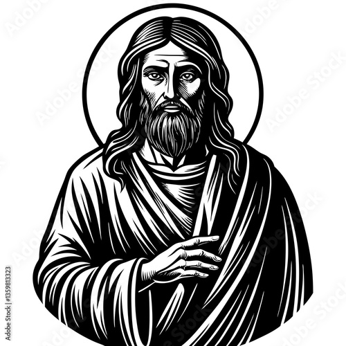 Majestic Icon: A stoic figure with a halo, his long hair and beard framing a face exuding both wisdom and serenity, captures the essence of devotion.
