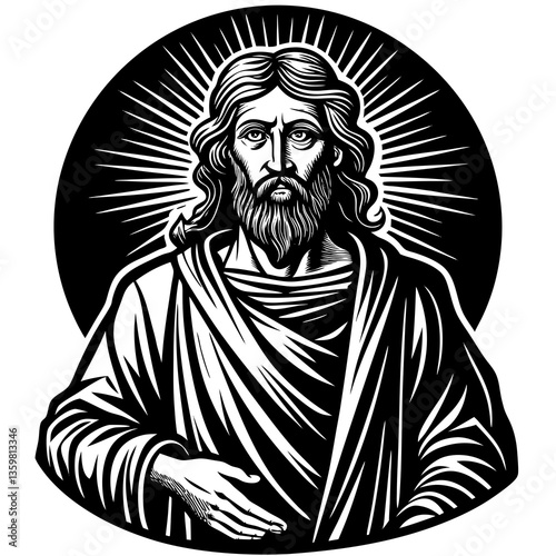 Majestic Figure: A powerful black and white illustration of a man with long hair and beard, reminiscent of biblical figures, set against a circular sunburst background.
