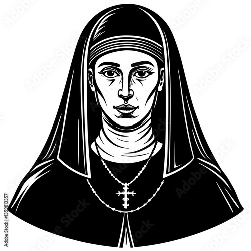 Nun Portrait: A serene and dignified nun, adorned in traditional attire, gazes directly ahead with an air of quiet contemplation. The illustration is rendered in a striking black and white style.