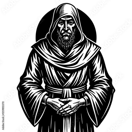 Mystic in Cloak: A monochrome illustration of a wise figure, clad in a hooded cloak, radiating an aura of knowledge and mystery, with clasped hands suggesting contemplation.