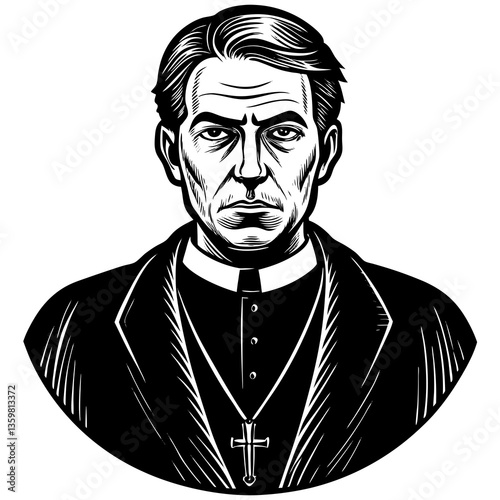 Stern Gaze of Divinity: A reverent depiction of a religious figure, captured in a stark, black and white style, exuding a sense of deep contemplation and solemnity.