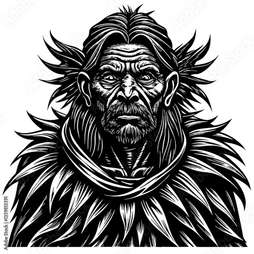 Mystical shaman: An old shaman in a mysterious spiritual state. The illustration features sharp, distinct lines and a strong contrast between light and dark.