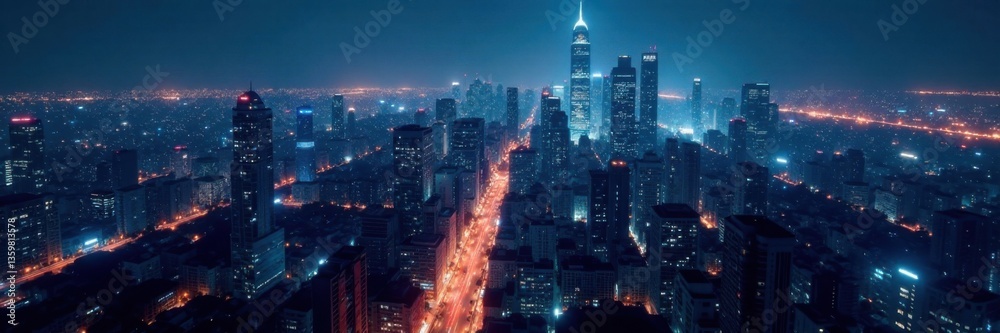 Cityscape at night with glowing skyscrapers and network cables, urban landscape, data transmission Cityscape at night with glowing skyscrapers and network cables, urban landscape, data transmission