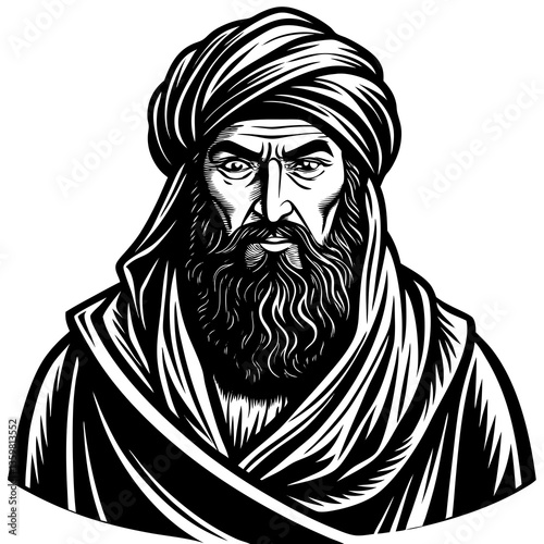Wise Man Portrait: A dignified illustration of an intellectual with a distinctive turban. The man gazes with intelligence, radiating wisdom and contemplation. The intricate line work.