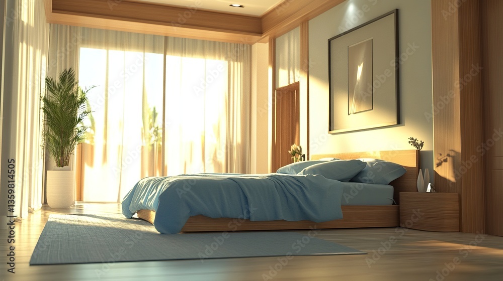 Fototapeta premium Modern soothing bedroom, large bed with sky-blue bedding as a focal point, natural light pouring in, uncluttered decor promoting relaxation, wide-angle doorway shot. 