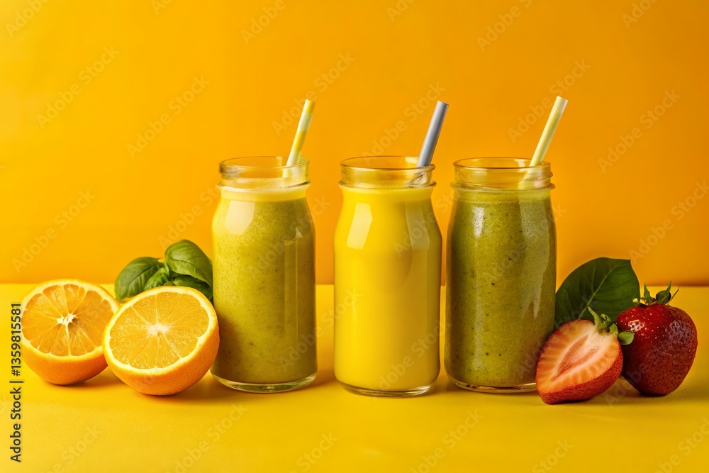 Three vibrant smoothies in glass bottles, a refreshing summer treat with bright yellow background, showcasing fresh oranges and strawberries. Three vibrant smoothies in glass bottles, a refreshing summer treat with bright yellow background, showcasing fresh oranges and strawberries.