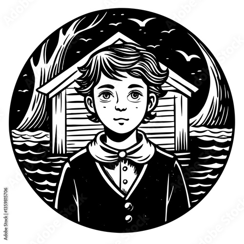 Youthful Solitude: A monochromatic illustration depicting a young person in front of a cabin, evoking feelings of introspection and serenity amidst nature.