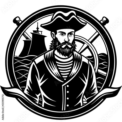 Captain's Portrait: A stylized illustration of a brave sea captain, with a stern gaze and a full beard, encircled by nautical elements like a ship's wheel and sailing ship.