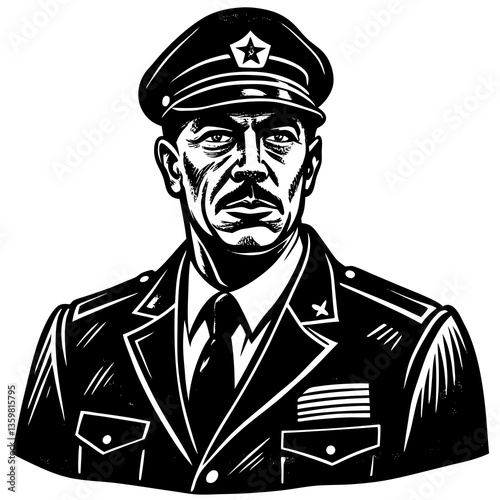 Portrait of a Commanding Figure: A stern-faced officer in a star-adorned cap and formal attire, embodying authority and military discipline in a monochrome illustration.