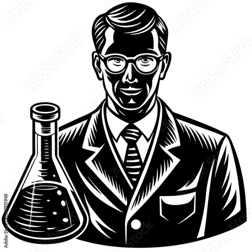 Scientist with Flask: A detailed illustration of a scientist holding a laboratory flask, showcasing intelligence and expertise in the realm of scientific research and experimentation. 