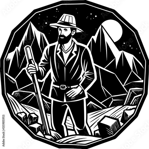 Iconic Explorer: A rugged explorer stands poised against a majestic mountain backdrop, an emblem of adventure and discovery, meticulously rendered in a stark, two-tone silhouette.