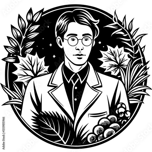 Botanical Portrait: A striking black and white illustration portrays a botanist surrounded by botanical elements, conveying the essence of scientific exploration and the beauty of plant life.