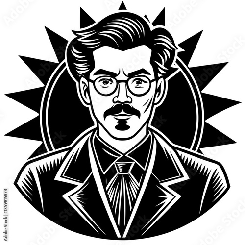 Vintage Gentleman Portrait: A sophisticated illustration of a man with a mustache and glasses, styled in a vintage aesthetic with a sunburst frame. 