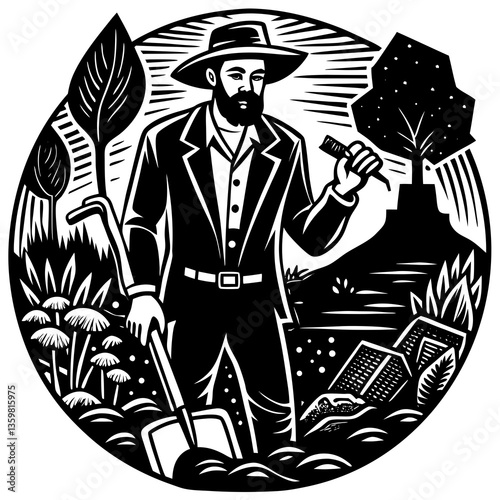 Vintage Gardener in Silhouette: A skilled gardener stands in silhouette amidst his flourishing garden, hand tools in hand, embodying the timeless beauty of agriculture.