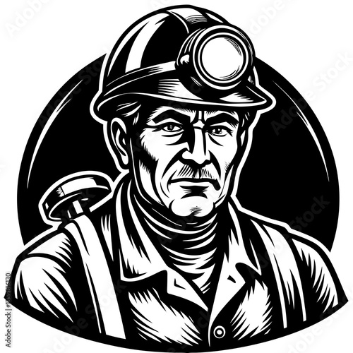 Image of a Determined Miner: An impactful monochrome illustration that features a strong, weathered miner in his working gear, a focused gaze. 