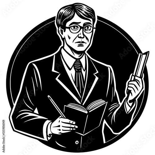 Smart Professional Engrossed in Thoughts: An insightful man with glasses, clutching a book and pen, immersed in deep thought within a circular frame, symbolizing knowledge.