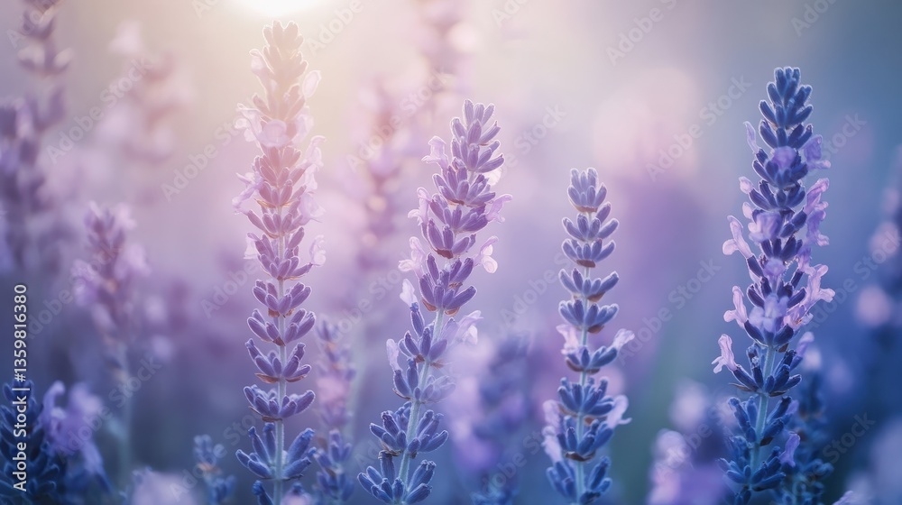 Naklejka premium Lavender blossoms stand tall in soft pastel blue and lavender mist during early morning light in a tranquil landscape