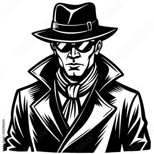 Mysterious Enigma: A striking black and white image of a enigmatic figure, radiating intrigue and suspense. The iconic fedora hat, sunglasses, and trench coat create an instant sense of mystery. 