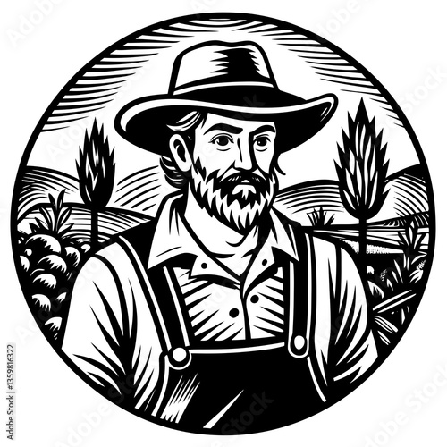 Farmer with Hat in Field: A strong farmer with beard in a field looks ahead in this graphic illustration.