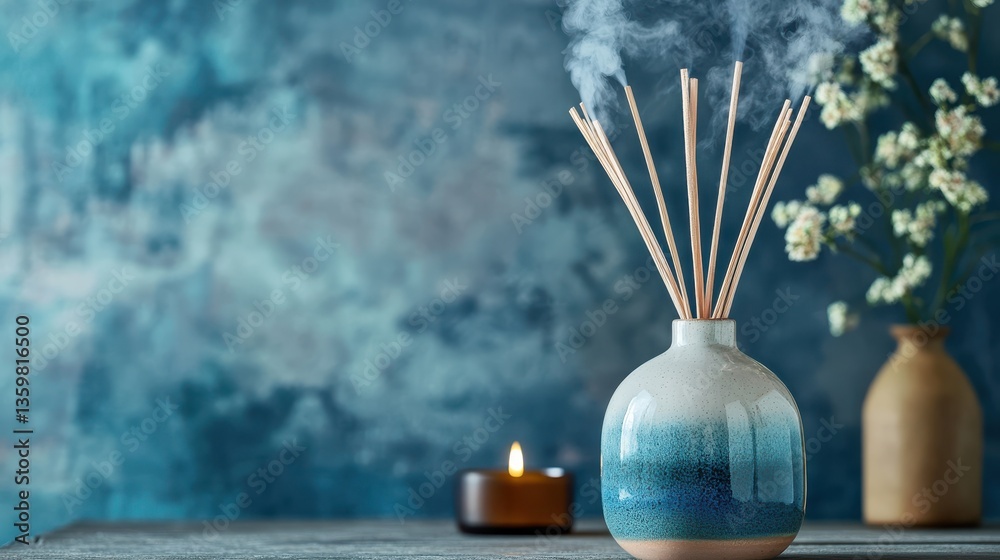 Fototapeta premium Soft blue and amber mist diffusing from a ceramic vase in a tranquil indoor setting