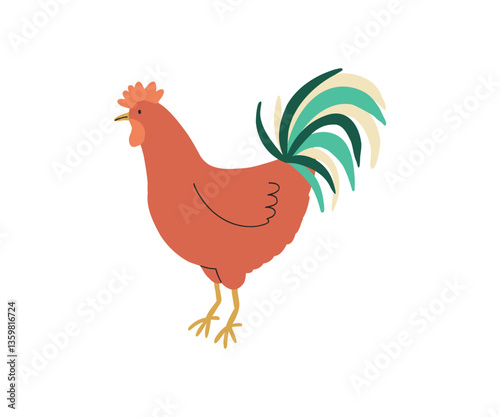 A red rooster with a bright green tail, symbolizing farms, morning wake-ups, and rural life.