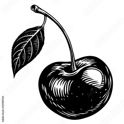 Cherry Illustration: A detailed grayscale illustration showcases a ripe cherry with a stem and a leaf, rendered in a vintage woodcut style, celebrating the fruit's simple beauty.