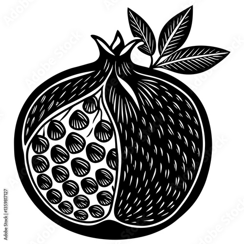Pomegranate Half Illustration: A detailed black and white illustration of a halved pomegranate, showcasing its numerous seeds and textured rind, with a few leaves adding a touch of freshness. 