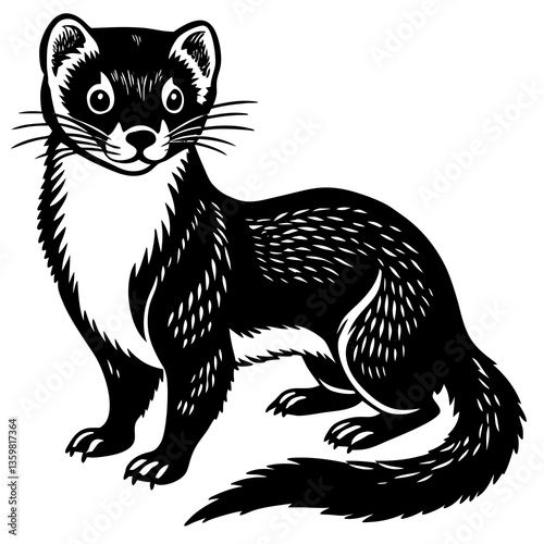 Stoat Illustration: A detailed black and white illustration of a stoat, showcasing its sleek body, dark fur, and characteristically short legs. 