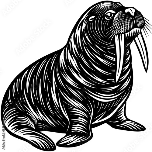Majestic Walrus Illustration: Detailed illustration of a walrus. The textures and black and white color showcase the bulk and elegance of this Arctic mammal.
