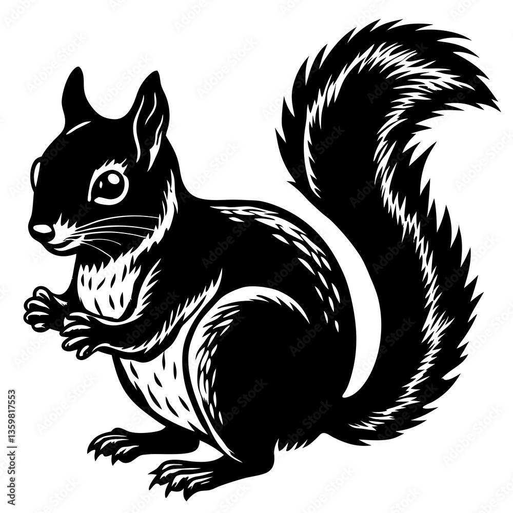 Obraz premium Squirrel Silhouette: A captivating monochromatic representation of a squirrel in a bold graphic style, showcasing its distinctive features in a clean, striking aesthetic. 