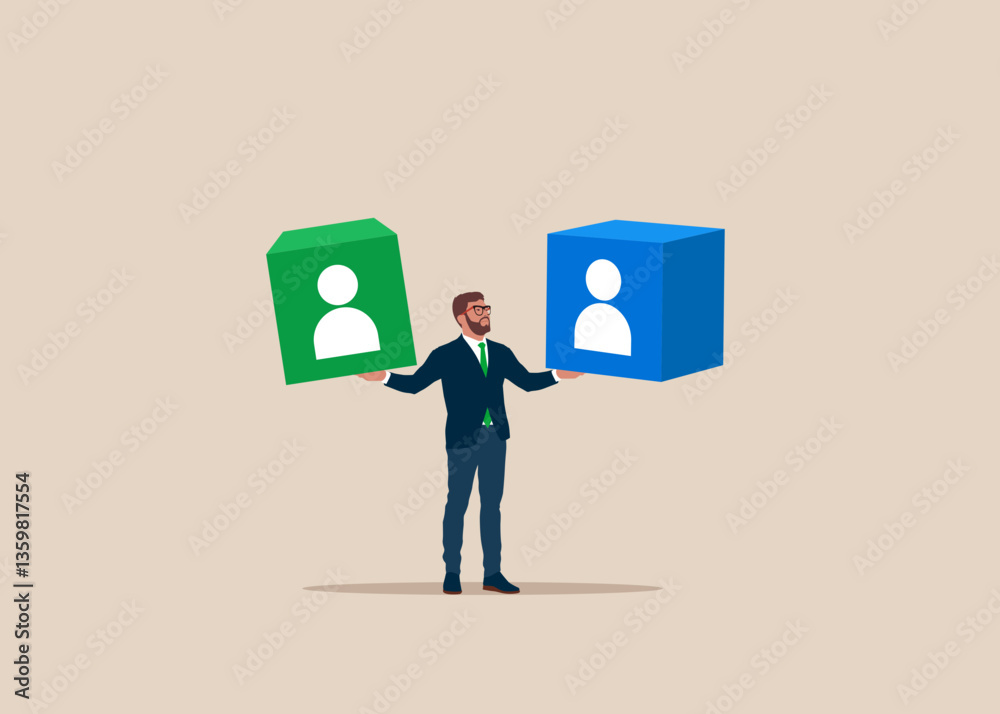 Recruiter chooses employees out of two of cubes. The recruiter selects the team. Employee recruitment. Flat vector illustration