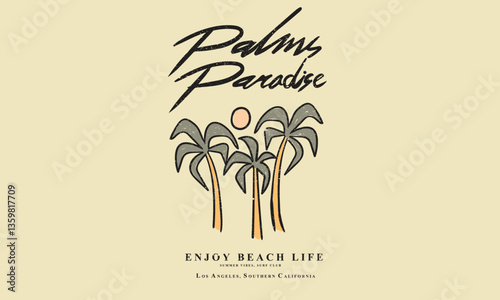 Palm paradise. Summer vibes artwork. Sunshine paradise graphic print design. Surf club design. Beach modern abstract art. Ocean abstract wave.