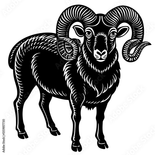 Majestic Ram Illustration: A detailed, striking illustration of a powerful ram, showcasing its impressive horns and robust physique, rendered in a bold, graphic style.