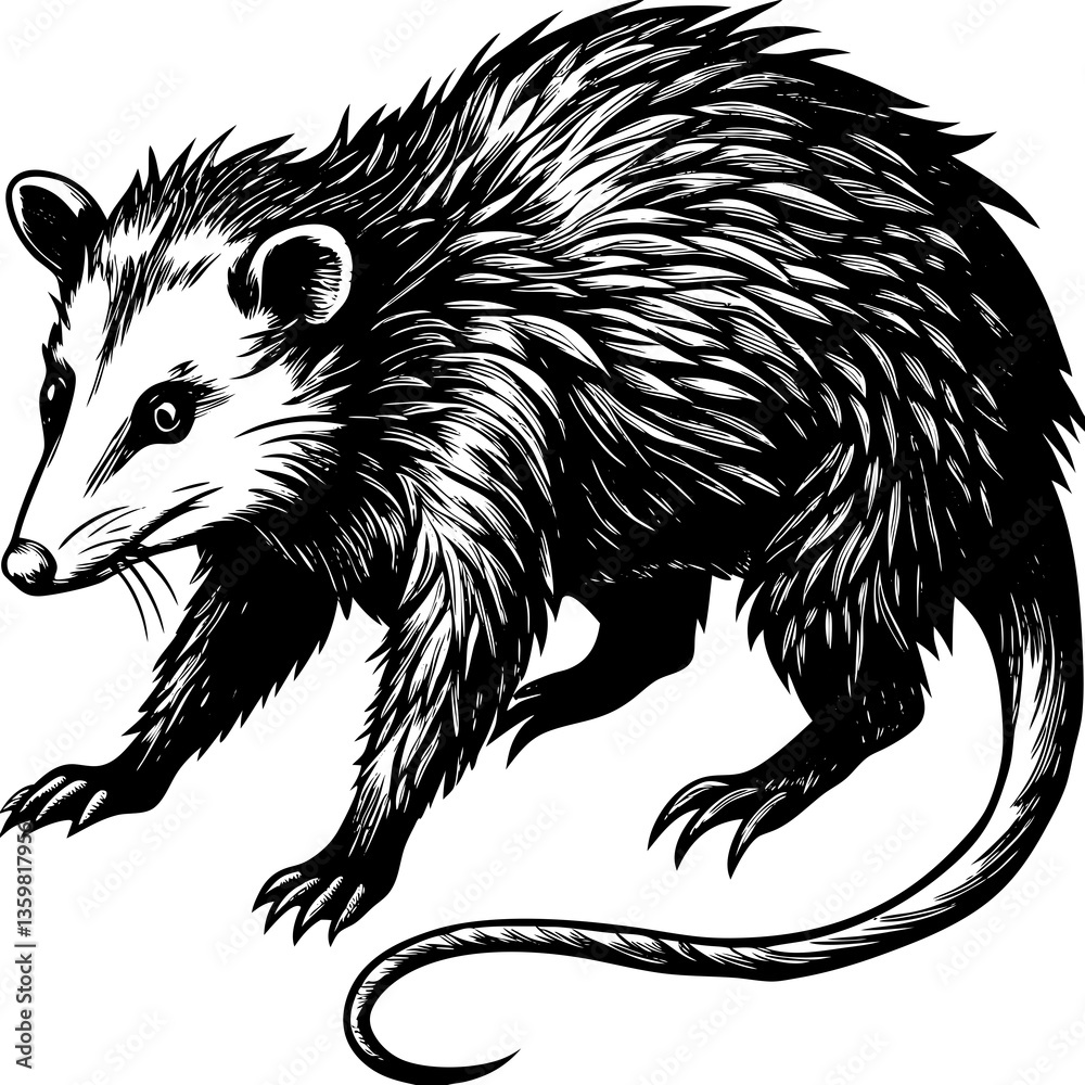 Obraz premium opossum illustration: A striking monochrome illustration captures a curious opossum in a dynamic pose, ready to explore its surroundings with a bold style.