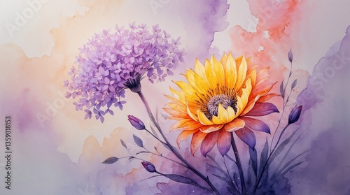 A painting of a flower with a purple stem and a yellow flower