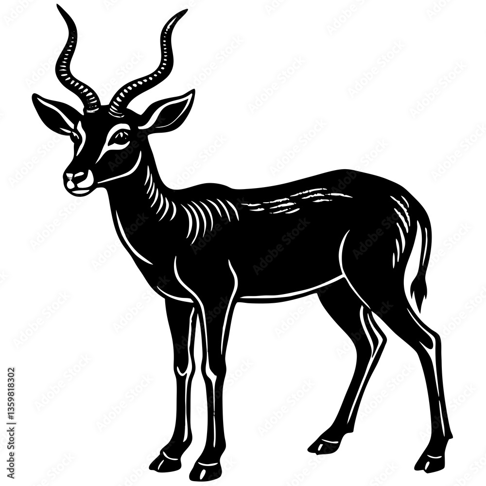 Obraz premium Elegant Antelope Silhouette: A graceful antelope stands tall, its silhouette sharply defined, highlighting its majestic form and spiraling horns against a clean background.