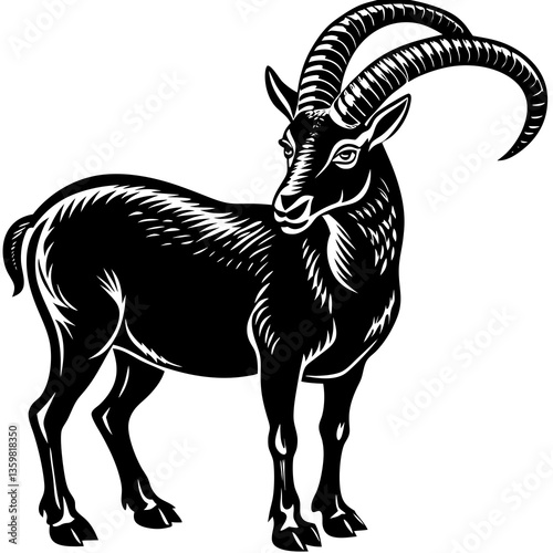 Majestic Ibex in Silhouette: A striking illustration of an ibex, its powerful form and magnificent horns stand out in a bold black and white composition, exuding strength and wilderness.