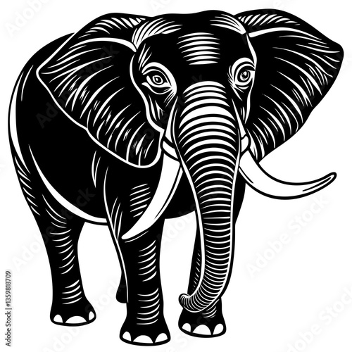 Majestic Elephant Engraving: A striking black and white engraving of an elephant, showcasing its powerful form with detailed lines and artistic finesse.