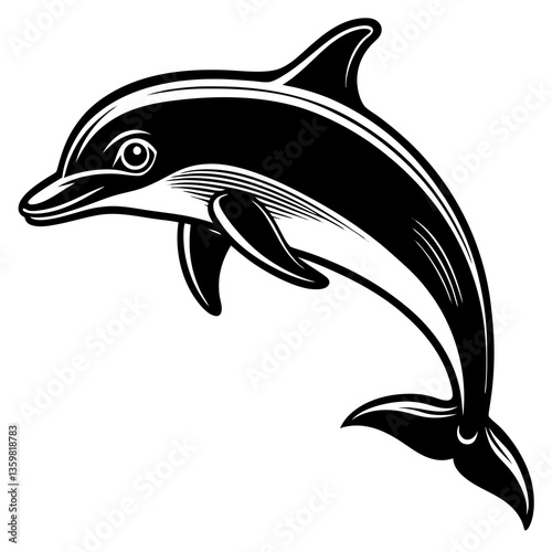 Dolphin's Grace in Monochrome: A sleek dolphin leaps gracefully, its form rendered in striking black and white, evoking a sense of oceanic wonder and playful energy.