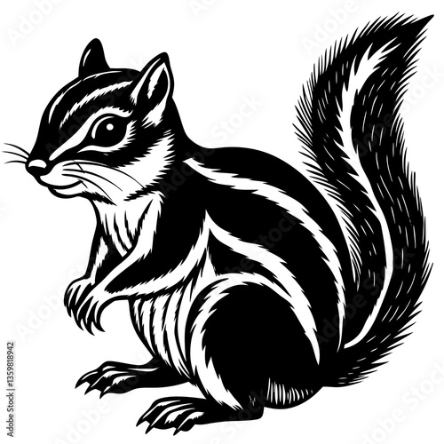Chipmunk Icon: A detailed, illustrated graphic of a chipmunk in striking black and white, posed in a classic stance. A visual depiction, showcasing the creature's distinctive stripes and bushy tail