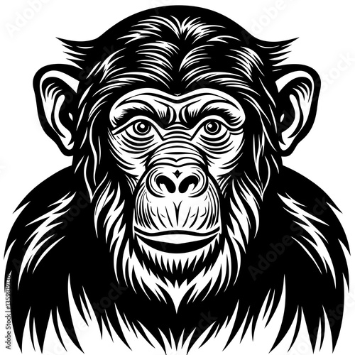 A Captivating Gaze: A striking monochrome illustration of a chimpanzee, rendered with intricate linework, exuding intelligence and a direct, engaging gaze.