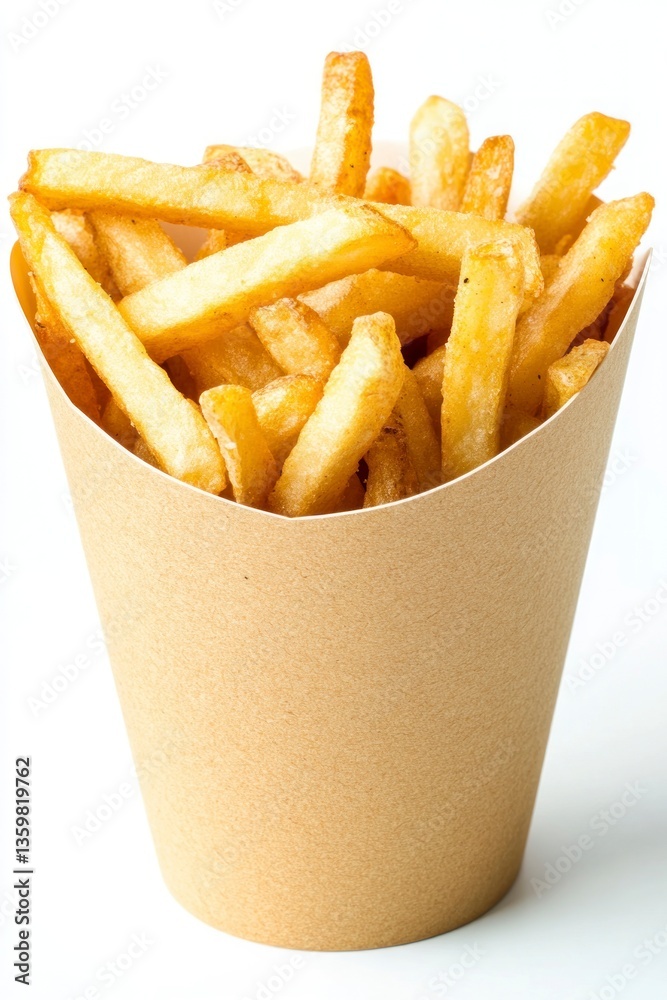 French Fries in a Takeaway Container Close Up on White Background